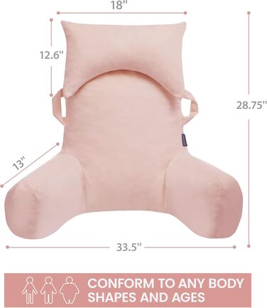 Портативне подушкове крісло для читання з підголовником (Oeko-Tex), м'яке крісло з підлокітниками та кишенями для дорослих, зручне ліжко-подушка з memory foam для гуртожитку (Рожевий, Преміум Великий)