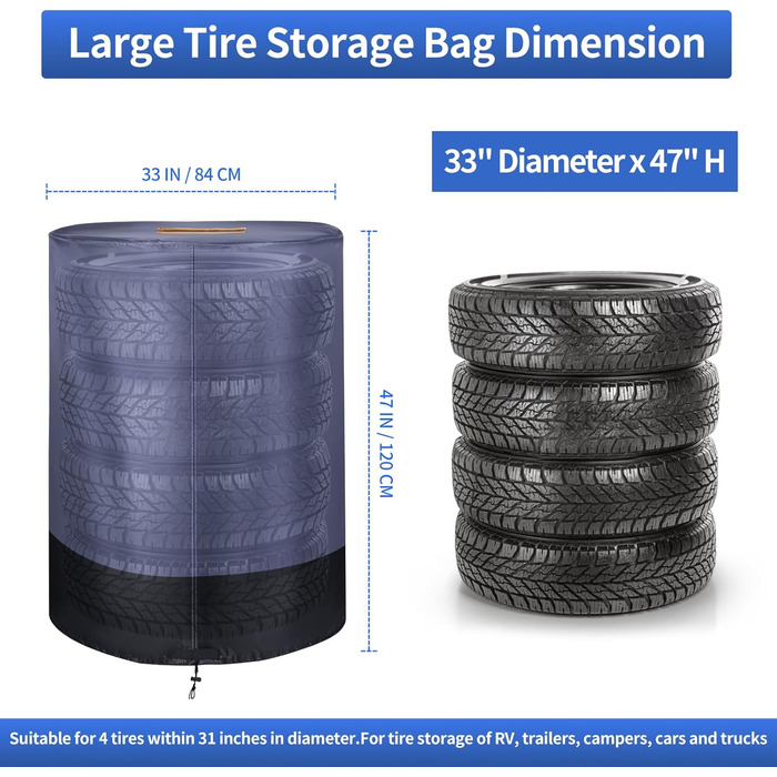 Чохол для коліс автомобіля, великий, міцний, 420D, універсальний, для 4 коліс, з блискавкою, вологостійкий, з світловідбиваючими смугами (Ø 84cm x H 120cm), сірий & чорний