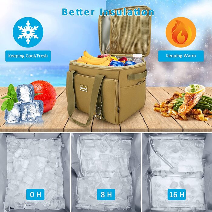 Велика сумка-холодильник Upeelife 24 л з м'яким плечовим і ручним ременем, ізольована сумка-холодильник, рюкзак, водонепроникна сумка для пікніка для обіду, сім'я, активний відпочинок, пляж, пікнік, кемпінг хакі