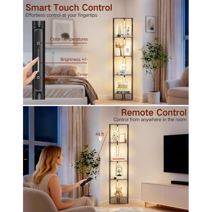 Світлодіодна торшер-полиця з регульованою яскравістю та кольором, пульт ДУ, 5 полиць, кутова, для вітальні, спальні, офісу (Rustikales Braun)
