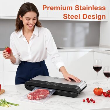 Вакууматор для продуктів з нержавіючої сталі SJ2085: потужність 85 кПа, режими «Сухий/Вологий», подвійна герметизація, LED-панель та зовнішній відсмоктувач, 20 пакетів у комплекті