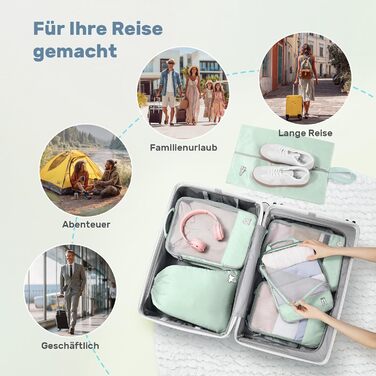 Набір компресійних органайзерів для подорожей Packing Cubes, 8 шт, для валізи та рюкзака, м'ятно-зелений