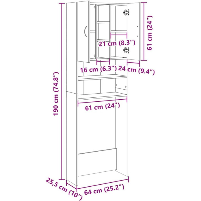 Тумба для пральної машини, Тумба для ванної кімнати з 2 дверима, 9 відділень, Дуб Сонома