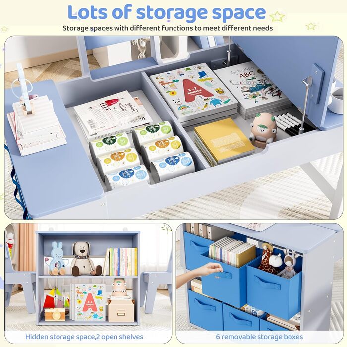 Дитячий стіл MAMIZO з 2 стільцями: дерев'яний стіл для ігор з місцем для зберігання, комплект меблів для дітей, стіл для малювання та рукоділля, від 3 років (блакитний)