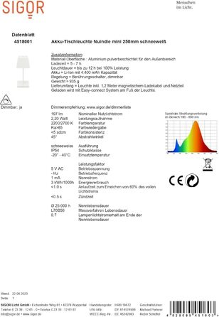 SIGOR Nuindie - LED-лампа на акумуляторі, диммер, для дому та саду, IP54, 38 см, 12 годин роботи, сніжно-білий колір