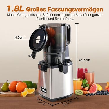 Електрична холодний соковичавниця Fretta Slow Juicer з нержавіючої сталі, 250W, з функцією реверсу, BPA Free