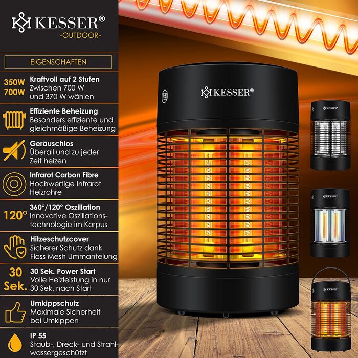 Інфрачервоний обігрівач KESSER Radiant Heater, Енергоефективний обігрівач 700 Вт Інтер'єр з коливанням на 360, Підлоговий блок, Електричний обігрівач IP55, Обігрівач для патіо 700 Вт Чорний