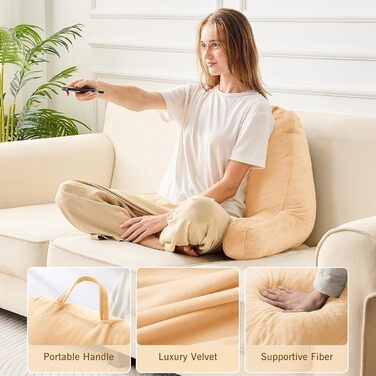 Підкуштуник Sasttie з велюровою спинкою для читання в ліжку, м'яка подушка для підтримки спини, з підлокітниками для дивана, софи та підлоги, ідеально для гуртожитків та аксесуарів для читання, колір: пісочний