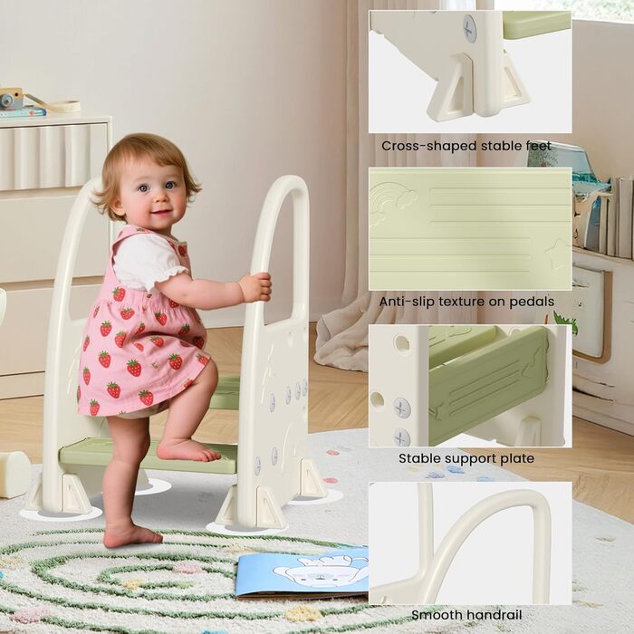 Дитячий тритул Hominewti з регулюванням висоти, 2-3 сходинки, з антиковзким покриттям та підлокітниками. Підходить для ванної кімнати, дитячої кімнати та кухні (зелений)