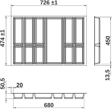 Дизайн Вставка для столових приладів базальтово-сіра коробка для столових приладів 526 x 474 мм для кухонь Schller KH Schreder і багато іншого. з корпусом 60 (для ширини корпусу 800 мм)