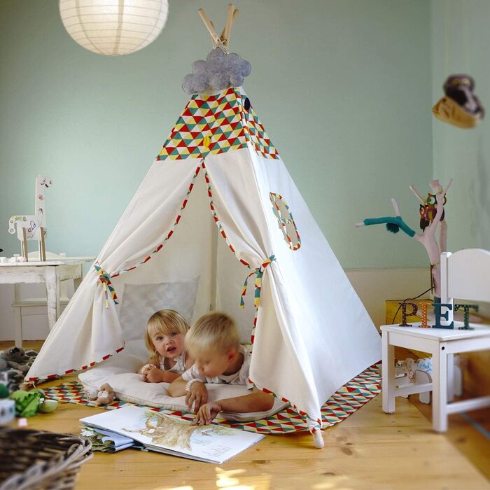 Hej Lønne Kinder Tipi, білий намет-типі з кольоровим візерунком, 120x120x150 см, з підлогою та вікнами, для гри в приміщенні та на вулиці, безпечний для дітей