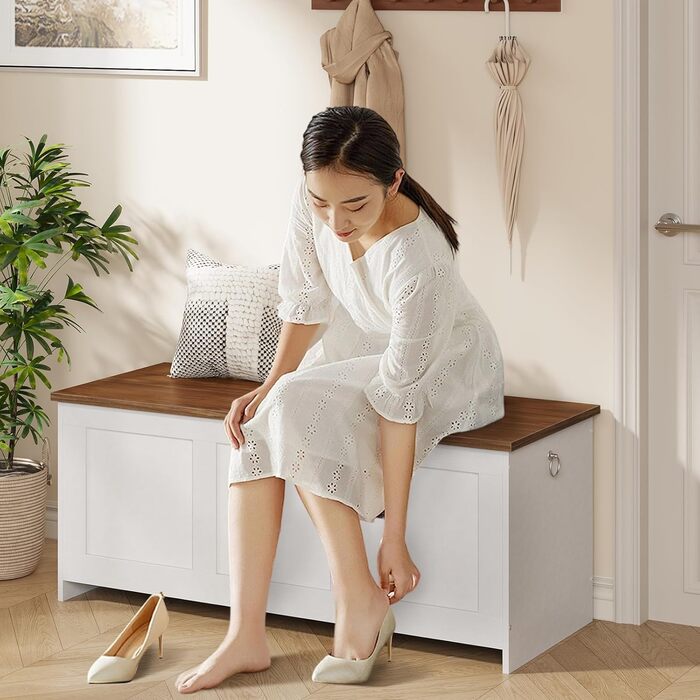 HOOBRO Лавка з ящиком для іграшок, 100 см, білий + натуральне дерево, з безпечним шарніром, для передпокою