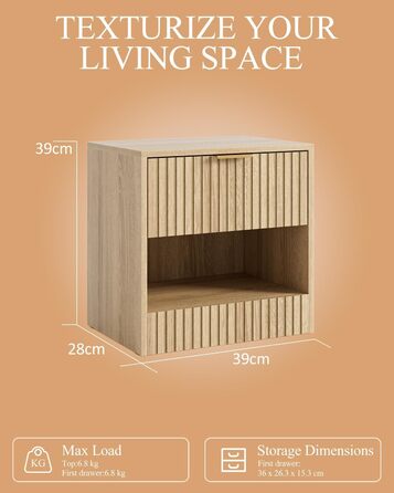 Нічний столик з дуба, дерев'яний приліжний столик з шухлядою, сучасний, компактний 39x39x28 см, для спальні, вітальні, офісу