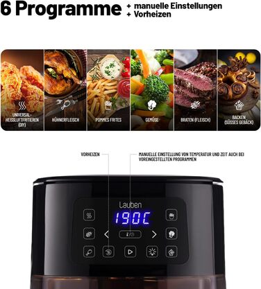 Фритюрниця Lauben Hot Air Fryer 4000BC, циркуляція гарячого повітря на 360, ємність 4 л, потужність 1600 Вт, 8 програм, можна мити в посудомийній машині, регульована температура 120 - 200