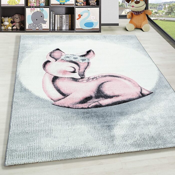 Домашній дитячий килим з коротким ворсом для дитячої кімнати з оленем Бембі, рожево-Біла мелірована обробка, Колір рожевий, Розмір 120x170 см