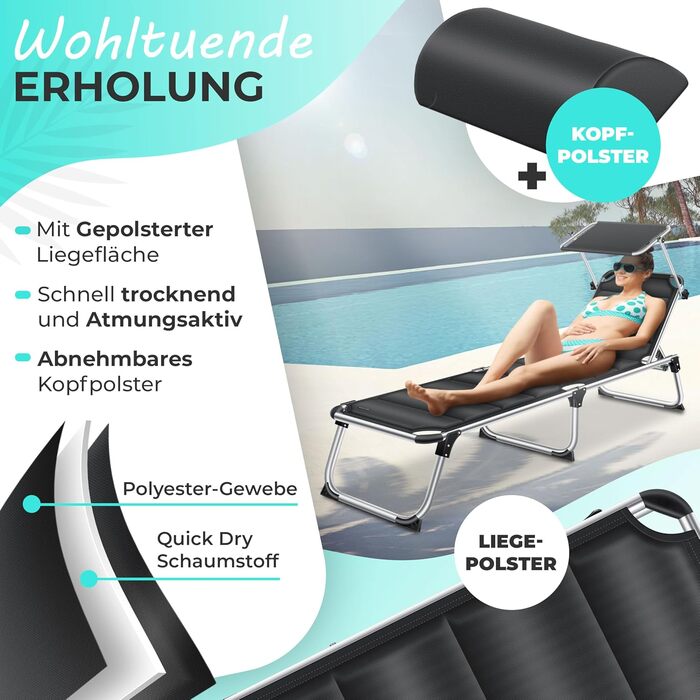 Розкішна шезлонг KESSER Sun з дахом для саду: регульована спинка, зручний матеріал, алюмінієвий каркас, портативна, чорний колір