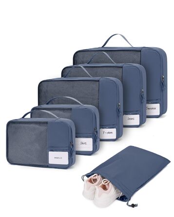 Набір органайзерів для валізи ECOHUB, 6 шт., дорожні компресійні сумки з ID-тегами, дихаючі органайзери для одягу та рюкзака з переробленого матеріалу (Синій)