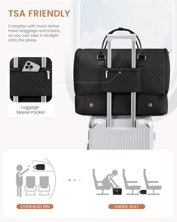 LOVEVOOK Складаний дорожній саквояж для жінок, 2-в-1, з сумкою для взуття, водонепроникний, для ручної поклажі, 53L, чорний