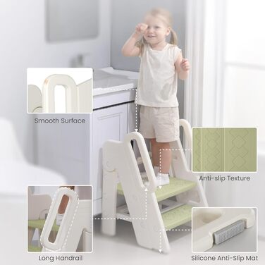 Триттхокер Hoopyosms для дітей, 2/3-рівневий, регульована висота, складний, з поручнями, антиковзкий, для ванної та кухні, піднімна драбинка для малюків (Класичний, Зелений)