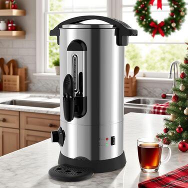 Глювайновий нагрівач з 10 чашками | 1500W нагрівач гарячих напоїв з нержавіючої сталі з термостатом 30–110°C, функцією підігріву та краном | Глювайновий автомат для вечірок (8л, срібний)