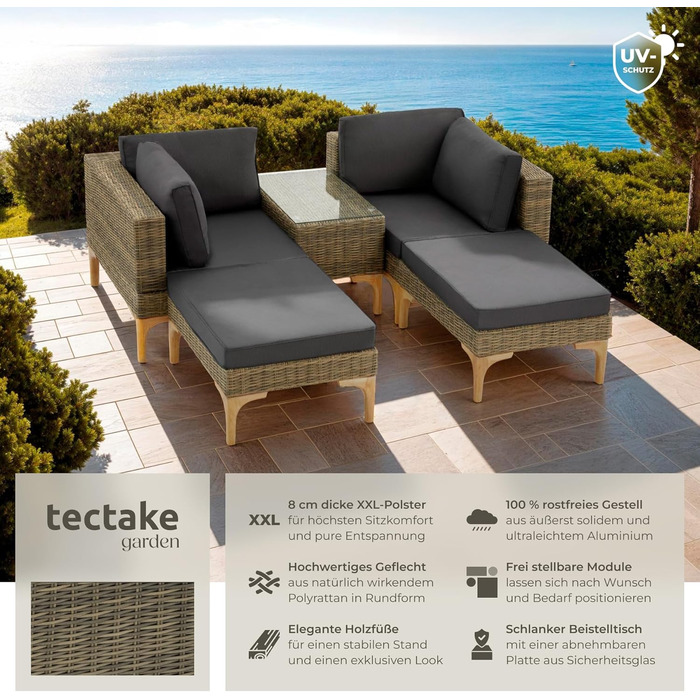 Тектейк® Набір садово-розкладних меблів з ротангу Outdoor Lounge на 5 місць, з кутовим кріслом, пуфом, столиком, комплект для відпочинку, з подушками для сидіння та спинки (Натуральний)