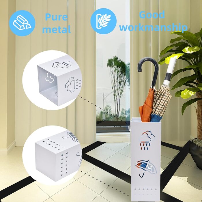 Металева підставка для парасоль та тростинок, біла, 15.2 x 15.2 x 43.2 см, з 4 гачками