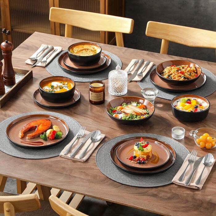 Набір посуду Vancasso AMBER 12 осіб, 48 предметів: тарілки обідні, десертні, супові, миски, червоний, реактивна глазур, для посудомийної машини