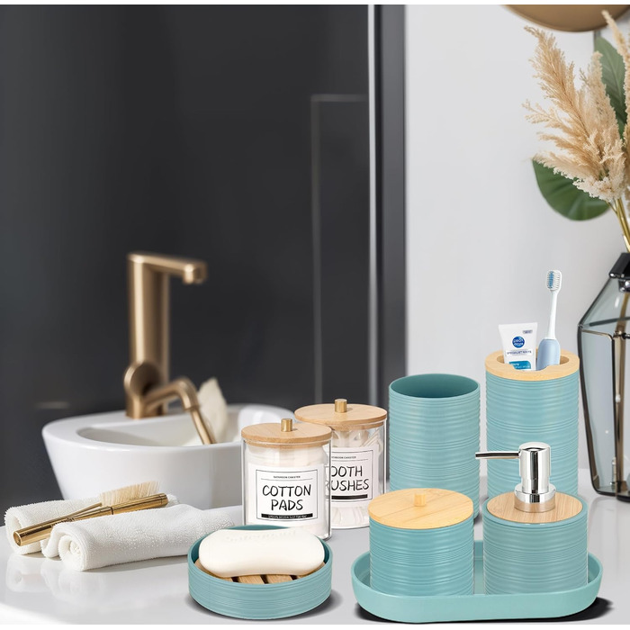 Набір аксесуарів для ванної кімнати IMAVO, 9 предметів: смітник, дозатор мила, мильниця, тримач для зубних щіток, стакан для щіток, тримач для унітазного йоржика, дозатор для ватних паличок (блакитний, 26 предметів + ПВХ-штора для душу + килимки)