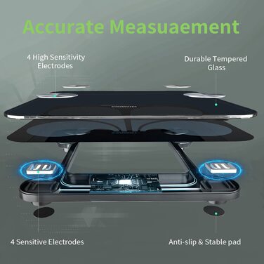 Цифрова шкала жиру в організмі CHWARES, Bluetooth, додаток, USB-зарядка, 3 одиниці, білий (чорний)