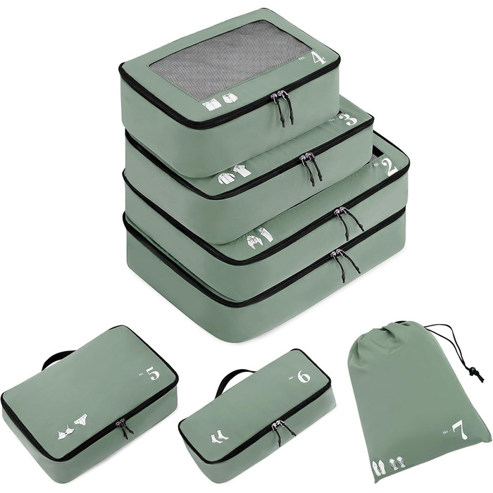 Набір органайзерів для валізи ECOHUB (7 предметів), дорожні пакувальні куби з блискавкою з переробленого PET, набір для впорядкування речей у подорожі, колір Neuesgrün