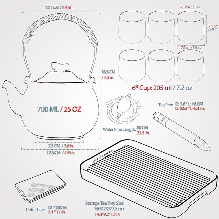 Набір для чаювання TEANAGOO: чайник 700мл + 4 чашки 205мл, дорожній, порцеляна, сірий, з підносом
