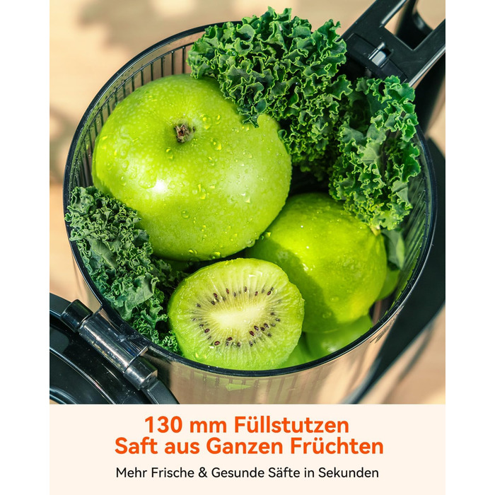 Шовковий відцентровий соковичавник - переможець тесту, для цілих овочів та фруктів, 130 мм завантажувальний отвір, 1.8л, BPA-free, 250W, функція зворотного ходу, легке очищення, нержавіюча сталь, чорний