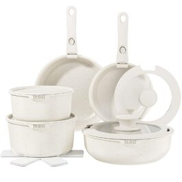 Набір кухонного посуду YASHE 15 предметів: каструлі та сковорідки з гранітно-покриттям, знімні ручки, стакеві, легко миються, сумісні з індукцією, газом та склокерамікою, білий