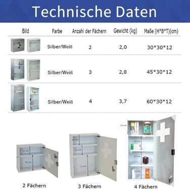 Шкафчик для ліків Style Home з замком, 60x30x12 см, 4 відділення, металевий, з дверцятами зі скла, включаючи 2 ключі (білий)