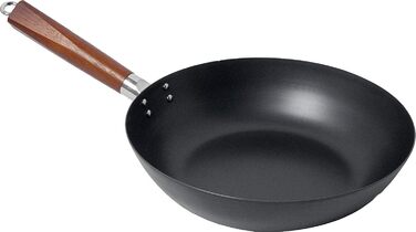 Сковорода Вок з плоским дном Ø 30 см з вуглецевої сталі готуємо на двох для всіх типів плит з дерев'яною ручкою і вушком