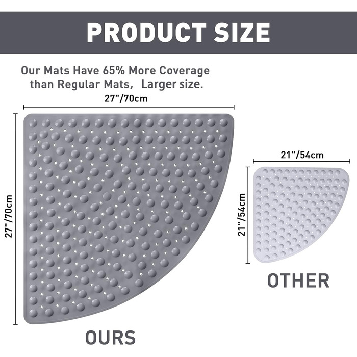 Килимок для душу кутовий нековзний 70х70 см, трикутний з присосками, ПВХ протиковзкий килимок сірий