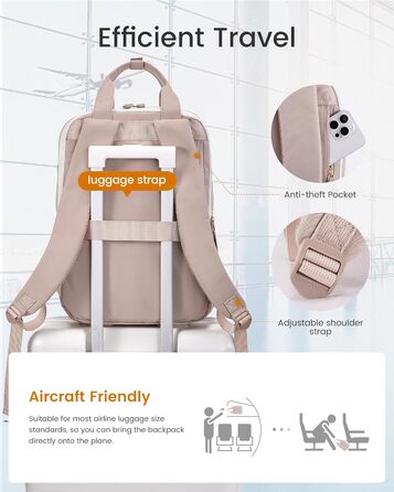 Сумка-рюкзак LOVEVOOK для жінок, 15.6 дюймів, для ноутбука, шкільна сумка для підлітків, дівчаток, елегантний туристичний рюкзак, сумка для роботи, повсякденна сумка, водонепроникна, для подорожей, навчання, роботи (15.6 дюймів, Бежево-рожевий)