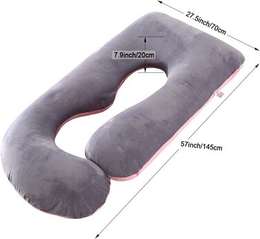 Подушка для вагітних SHANNA U-подібної форми XXL, велика подушка для годування бічна подушка для сну, подушка для тіла U-подібної форми зі знімним і миється чохлом, Подушка для вагітних 70 * 145 см Shuangpin Порошково-сіра оксамитова наволочка
