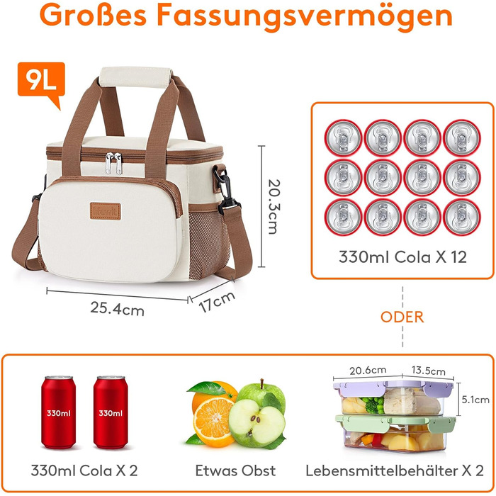 Термосумка-холодильник Lifewit 9л бежева: сумка-холодильник для обіду, пляжу, подорожей, роботи. Складана, водонепроникна