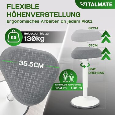 Офісний стілець VITALMATE з регулюванням висоти та неслизьким покриттям. Стільчик-гойдалка, стоячий стілець для офісу та дому (білий)