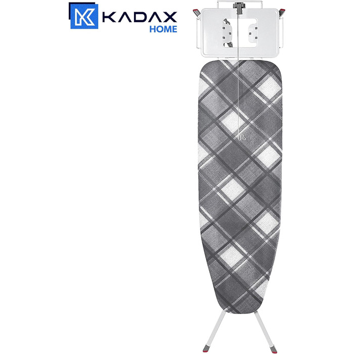 Складна прасувальна дошка KADAX, парова прасувальна дошка 120x38 см з розеткою, прасувальна дошка з нековзними ніжками, регульована по висоті прасувальна дошка з лотком для праски (картата)