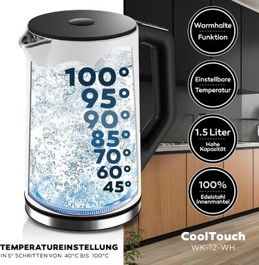 Електричний чайник BALTER з регулюванням температури, 40°C-100°C, подвійні стінки, без BPA, тихий та бездротовий, 1.5L, 2200W, білий