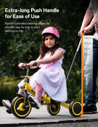 Бесрей 5-в-1 Дитячий Біговел, Триколісний Велосипед для Малюків 1-4 Років (Жовтий з Ручкою)