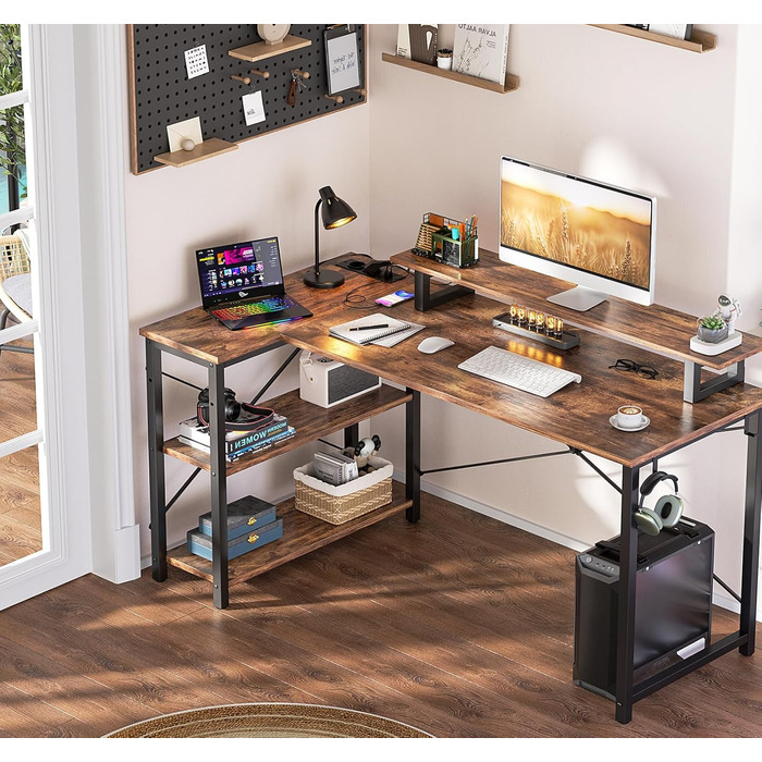 Кутовий ігровий стіл з LED-підсвіткою та розетками, 120x70 см, колір: сіра береза (рустикальний коричневий)