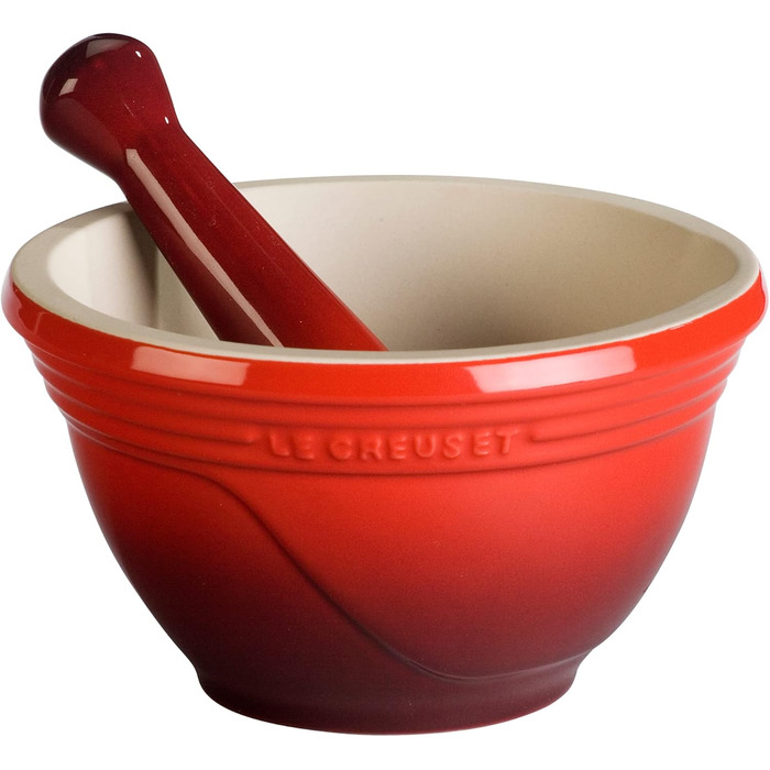 LE CREUSET Мörser und Stößel (Товкач та пестик), Глазурований керамічний, Ø 11.5 см, 360 г, 300 мл, Червоний