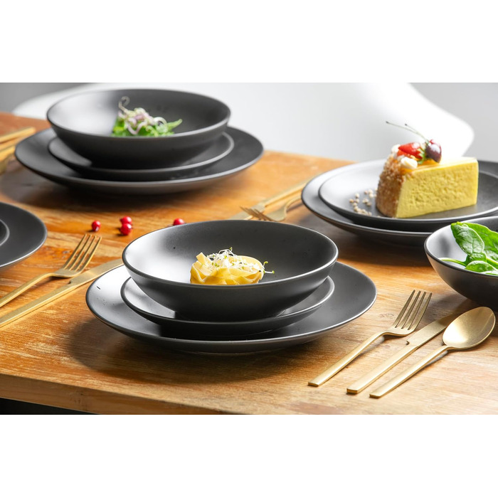 Набір посуду van Well Luna на 6 персон Класична порцелянова комбінація з 18 предметів Чорно-матова глазурована глянцевими крапками Набір посуду круглої форми для ідеального столу