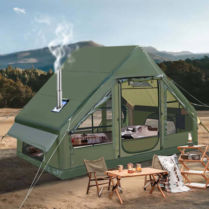 Надувний кемпінговий намет для 2-8 осіб 4 сезони Oxford, з насосом, швидкозбірний, водонепроникний, з отвором для димоходу - зелений (300x210x200 см)