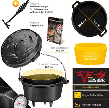 Набір голландських казанів KESSER® для приготування на грилі та в духовці, 4.2 л, чавун, з кришкою та термометром, чорний