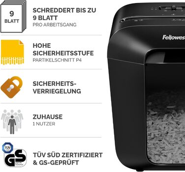 Fellowes LX50: Шредер для документів, 9 листів, Cross Cut, 17л, з блокуванням, чорний