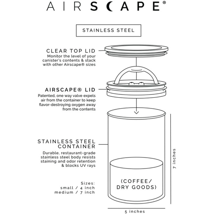 Контейнер для кави Airscape з нержавіючої сталі – герметичний контейнер для зберігання продуктів – запатентований дизайн – зберігає свіжість продуктів (середній, матовий чорний)